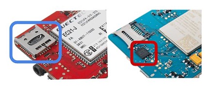 カード型SIM向けのコネクタモジュール（左）と、チップ型SIM（右）のサイズ比較